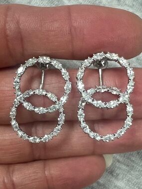 Silver Double Hoop Crystal Drop Earrings